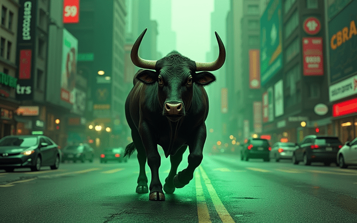 A Strong Bull Roaming in the City in a Green Atmosphere