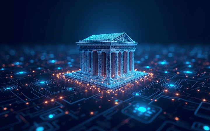 /invezz2 create an image showing modern bank building connected by glowing digital lines to a stylized blockchain network. Include Chainlink and Swift logos