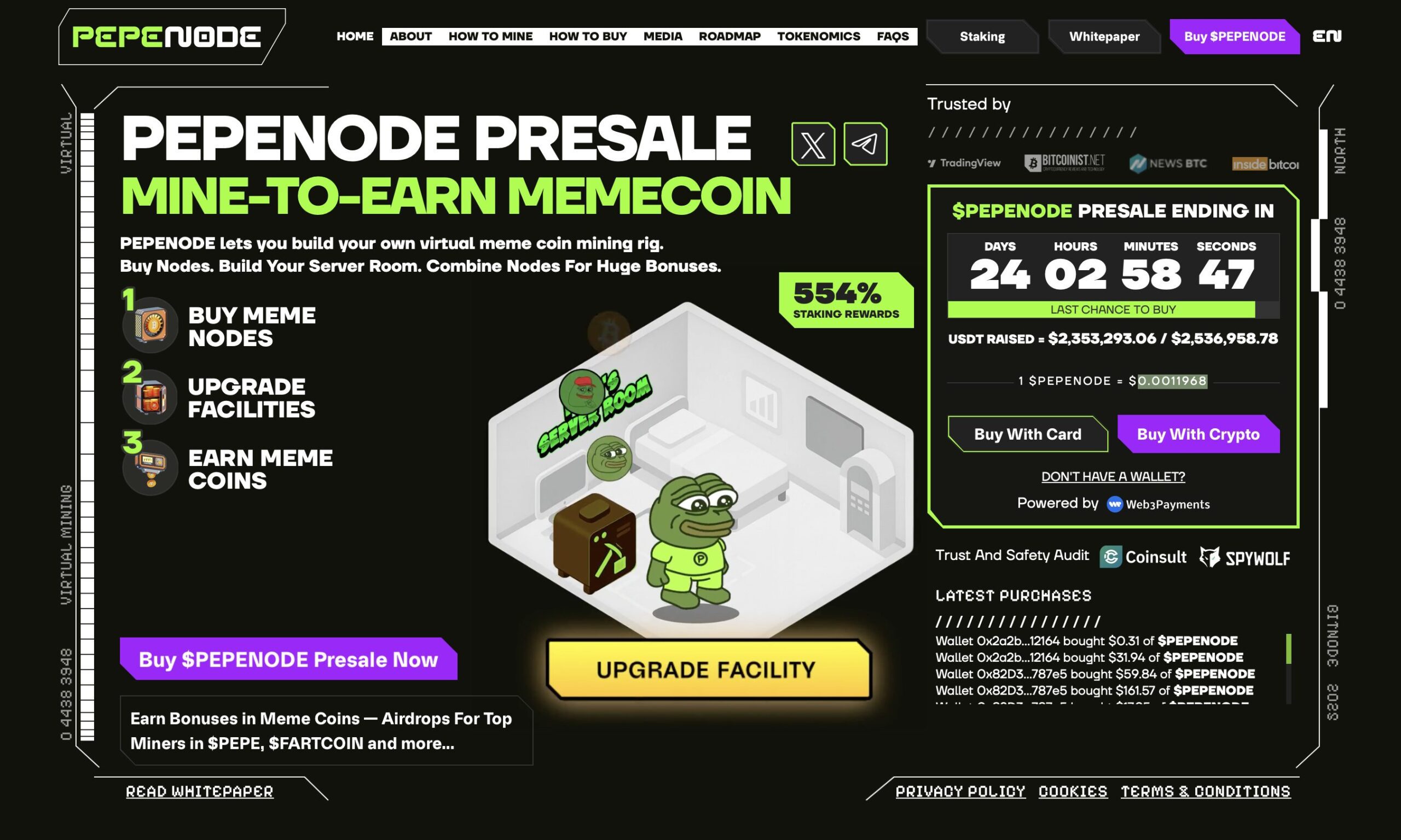 PEPENODE presale page - best new bullish meme coin to buy today.