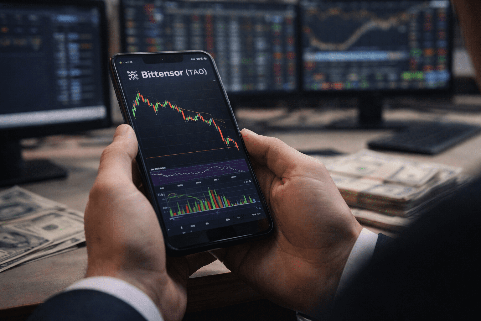 An investor holds a smartphone displaying a cryptocurrency candlestick chart while monitoring markets at a trading desk.