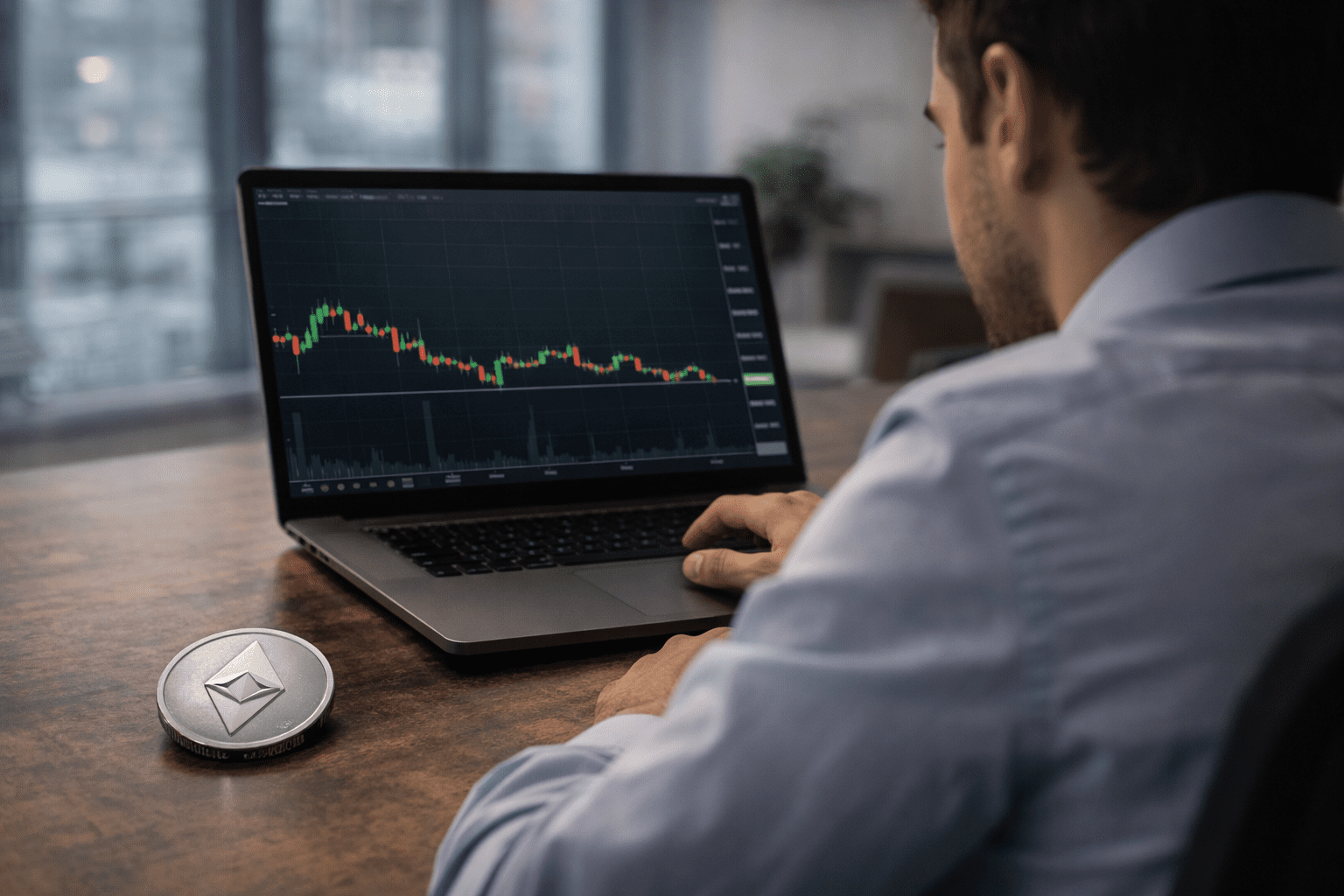 A man looks at a laptop displaying a cryptocurrency price chart, with an Ethereum coin placed on the desk beside him.