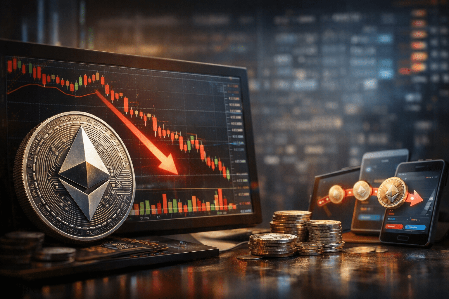 Ethereum coin displayed in front of a trading monitor showing a downward market trend, with crypto wallets and coins symbolising transfers during a price decline.