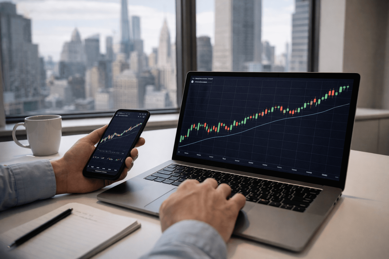 An investor checks rising cryptocurrency charts on a laptop and smartphone with a city skyline visible through the office window.