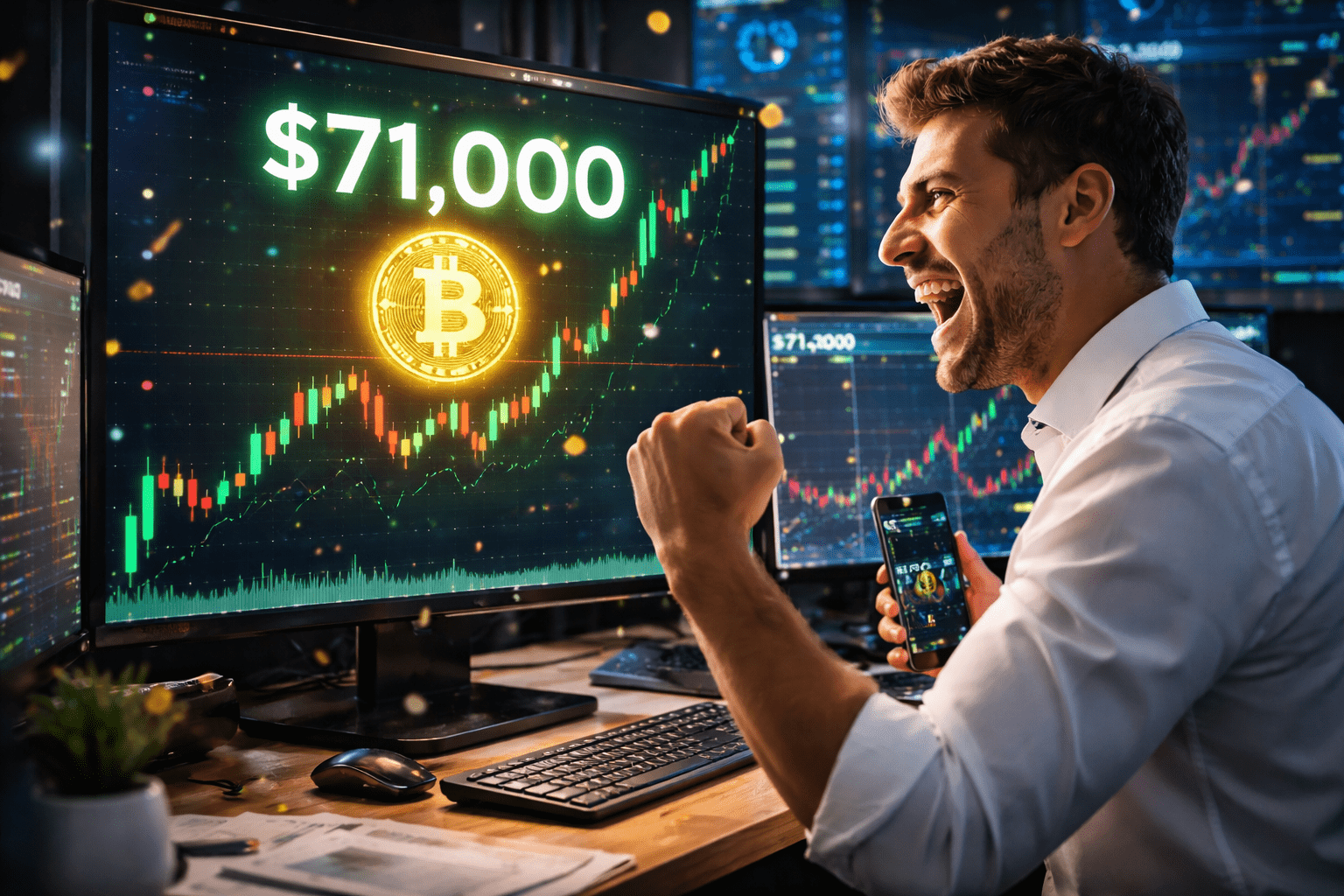 A trader celebrating a bullish Bitcoin chart