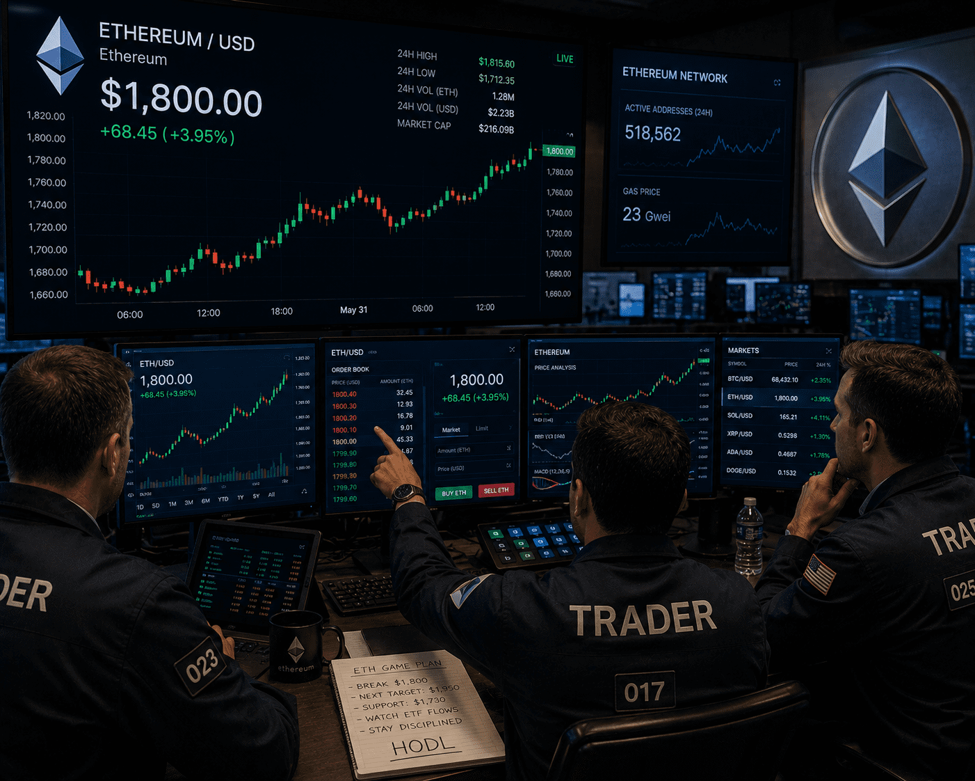 Traders analyzing a bullish ETH/USD chart