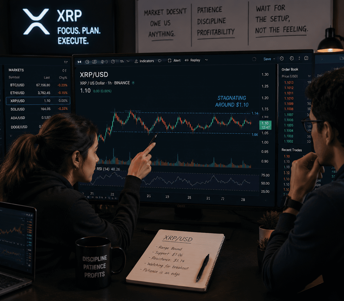 Traders analyzing XRP as it stays below $1.12